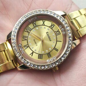 Kanima Wristwatch Gold Tone Quartz Analog Crystals Accent Bezel Wrist Watch